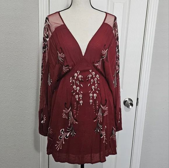 Free People Women's Bonjour Embroidered Mini Dress - Red - Xs